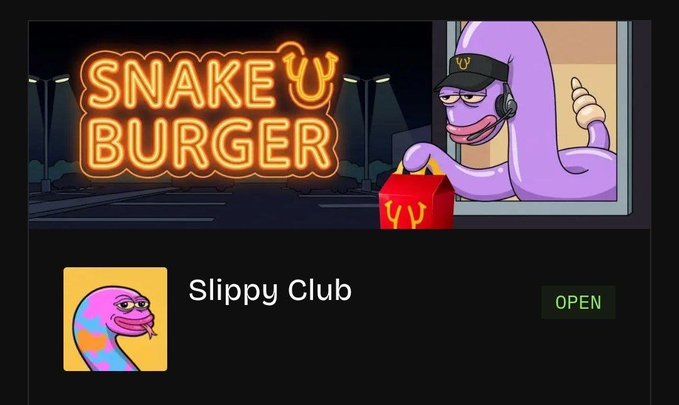 A digital interface showing a 'Snake U Burger' drive-thru scene with a purple snake character handing over a red bag, and a 'Slippy Club' option marked 'OPEN' below.