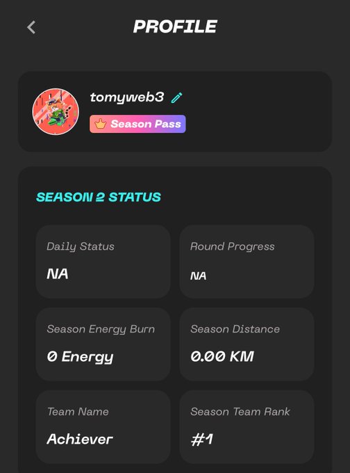 A profile screen for 'tomyweb3' shows a Season Pass and Season 2 status with metrics like 0 Energy, 0.00 KM distance, and an Achiever team rank of #1.