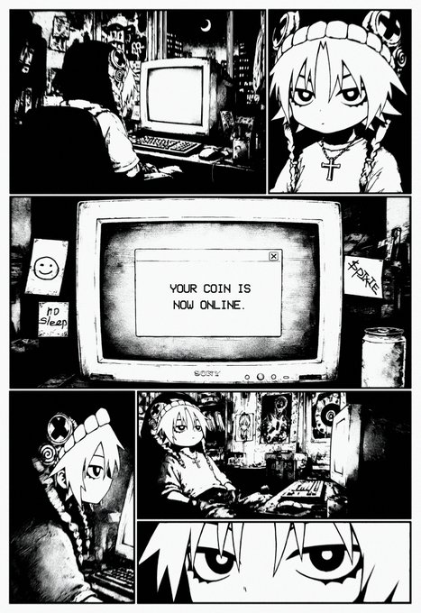 A black-and-white manga-style comic panel features an anime girl with twin braids and a maid-style headband sitting in a dimly lit room cluttered with posters, before a CRT monitor displays the pop-up message "YOUR COIN IS NOW ONLINE." The panels shift between close-ups of her unamused face and a pair of intense eyes, creating a moody, atmospheric scene tied to the memecoin's "online" debut referenced in the post.