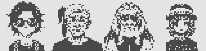 Pixelated monochrome silhouette artwork depicting four figures, possibly band members or characters, in a retro 8-bit style.