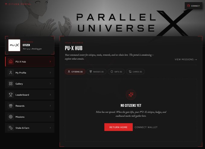 The image shows a dark-themed "Parallel Universe X" (PU-X) Citizen Portal interface displaying a "PU-X Hub" page for the user "PU-X CITIZEN" (with a Stellar wallet address starting "GCSF4PYAQ4Z"). The dashboard shows empty counters for Citizens (0), Badges (0), Gifts (0), and Cards (0), with a "NO CITIZEN YET" message inviting users to mint their pass for access to the universe. This aligns with the post's message by visually emphasizing the early stage of the PUverseX project, urging viewers to join now to "be visible" and earn future rewards before the platform grows.