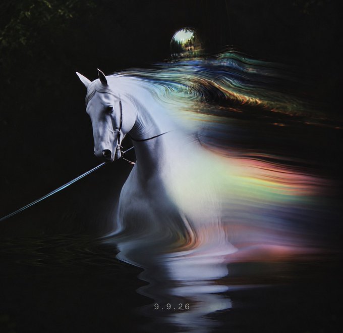 A majestic white horse gallops through dark water, its flowing mane dissolving into a vibrant rainbow spectrum of swirling colors, with the date "9.9.26" visible at the bottom—symbolizing the imminent "9" referenced in the post, where a fortunate few who follow @world_xyz are poised to become millionaires.