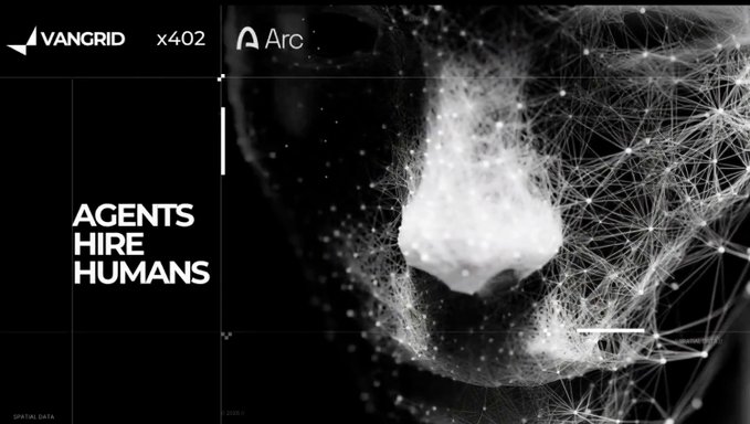 A futuristic black-and-white graphic titled 'AGENTS HIRE HUMANS' with 'VANGRID' and 'Arc' logos, featuring a digital 3D skull composed of wireframe networks and glowing nodes.