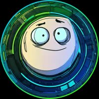 A cartoon-style illustration of a wide-eyed white moon face encased within a glowing teal and green circular interface.