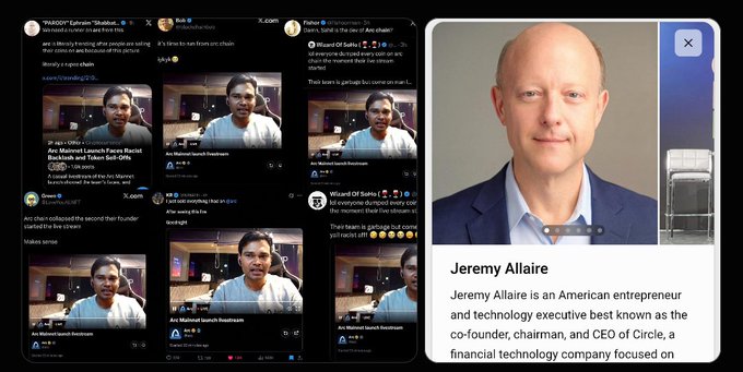 The image shows a collage of social media posts from PMODDY and others featuring Mainnet Speech livestreams alongside a profile of Jeremy Allaire, co-founder and CEO of Circle, with the commenter's caption humorously noting the "bald bro" appearance while questioning the inclusion of an India roast in cryptocurrency discussions.