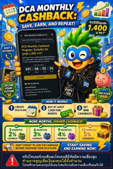 Promotional poster for a 'DCA MONTHLY CASHBACK' Binance campaign offering up to 5% cashback for holding BNB for 3 to 12 months.