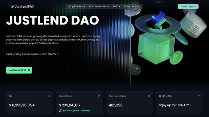 The JustLend DAO homepage displays Total Value of $6,956,361,794, Grants Power of 239,841,017, and 485,396 Ecosystem Users, with a 'Just Launch V2' button.