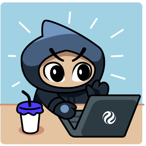 The image features a cartoon character dressed in black sitting at a desk using a laptop computer while holding a cup of coffee. The character appears to be focused on their work or browsing the internet. In the background, there are two blue cups placed next to each other, possibly containing drinks for the character and anyone else who might be sharing the space with them.
