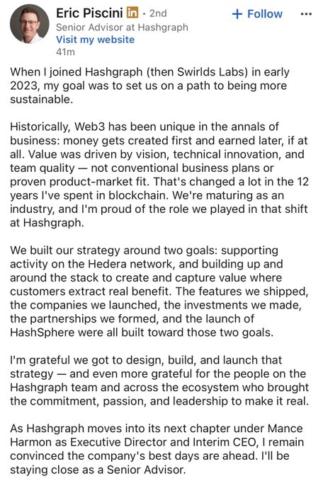 A LinkedIn post by Eric Piscini, Senior Advisor at Hashgraph, announcing his continued involvement as Hashgraph transitions under Mance Harmon as Executive Director and Interim CEO.