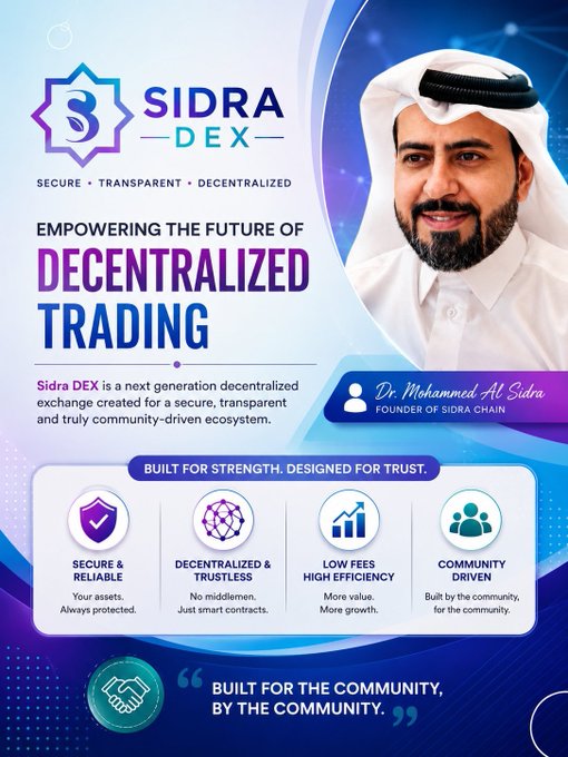 A promotional poster for Sidra DEX features founder Dr. Mohammed Al Sidra and highlights features: 'Secure & Reliable,' 'Decentralized & Trustless,' 'Low Fees High Efficiency,' and 'Community Driven.'