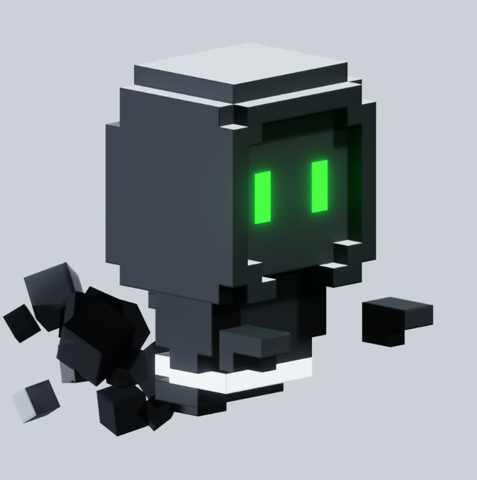 A 3D voxel-style black character with glowing green rectangular eyes floating above a cloud of small black cubes against a gray background.