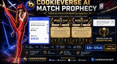 The image is a promotional banner for "COOKIEVERSE AI MATCH PROPHECY," highlighting a bet of $30 with a potential payout of $143.47, and advertises $30K in total prize pools alongside partnerships with Cookieverse, OKX Wallet, and BASE. It relates to the post by showcasing the Cookieverse AI prediction tool as an option for making AI-driven match forecasts on platforms like Polymarket or Kalshi.