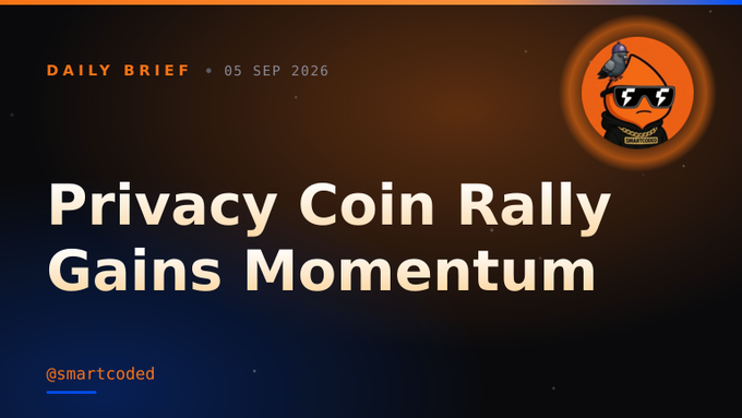 A 'DAILY BRIEF' dated '05 SEP 2026' from @smartcoded with the headline 'Privacy Coin Rally Gains Momentum' on a dark blue/orange gradient background.