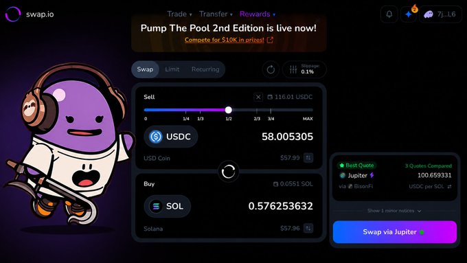 A screenshot of the swap.io platform showing a trade between USDC and SOL with a purple mascot character.