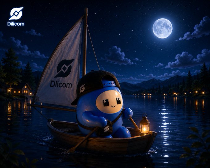 A nighttime scene featuring a blue cartoon character wearing a black cap sailing a small wooden boat on a moonlit lake, with the sail and a top-left logo displaying the 'Dlicom' branding.
