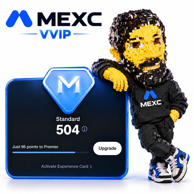 A MEXC VVIP promotional graphic features a LEGO-style figure wearing a black hoodie with the MEXC logo, standing next to a Standard tier card showing 504 points.