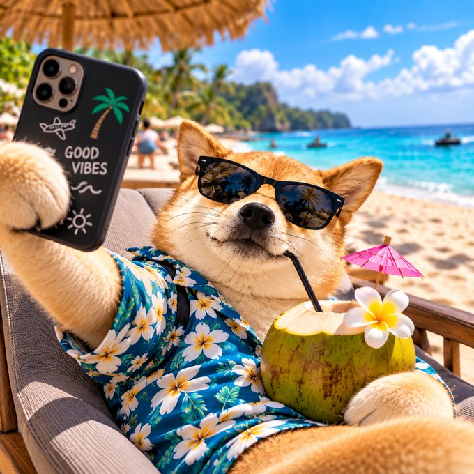 A Shiba Inu dog wearing sunglasses and a blue floral Hawaiian shirt relaxes on a beach chair with a coconut drink, holding up a phone case that reads 'GOOD VIBES'.