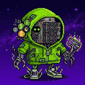 Pixel art illustration of a green-hooded, robot-like figure holding crypto coins, with a Bitcoin logo and server components visible against a purple cosmic background.