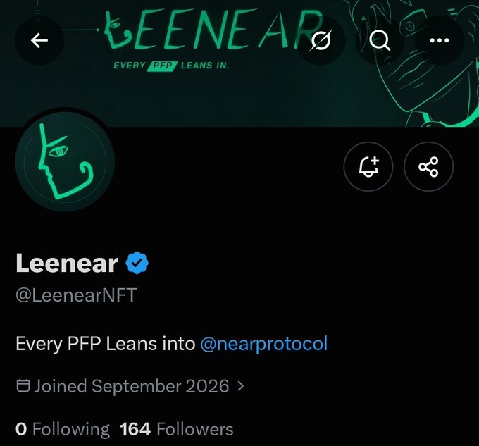 A Twitter/X profile for 'Leenear' (@LeenearNFT) with a verified checkmark, banner reading 'EVERY PFP LEANS IN.', bio stating 'Every PFP Leans into @nearprotocol', showing 0 Following and 164 Followers.