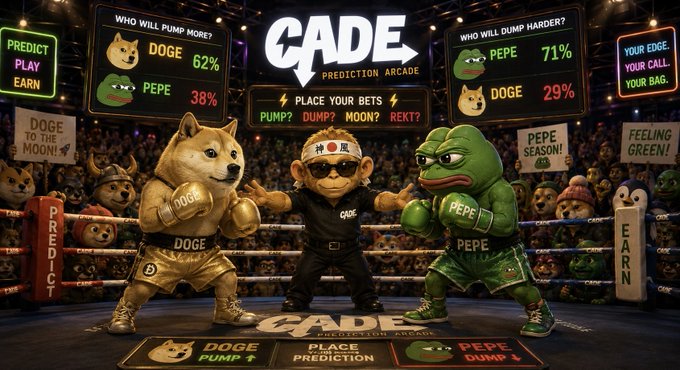 The image depicts a vibrant prediction arcade scene titled "CADE Prediction Arcade," featuring a boxing match between mascot characters Doge and Pepe, with scoreboards showing "DOGE 62%" for "WHO WILL PUMP MORE?" and "PEPE 71%" for "WHO WILL DUMP HARDER?" alongside betting options like PUMP, DUMP, MOON, and REKT. While the post promotes $POPCAT as a standout Solana meme coin, the image visually represents the broader meme coin battleground where tokens like Doge and Pepe compete—symbolizing the high-risk, speculative "pump or dump" nature of the meme market that $POPCAT has successfully navigated.