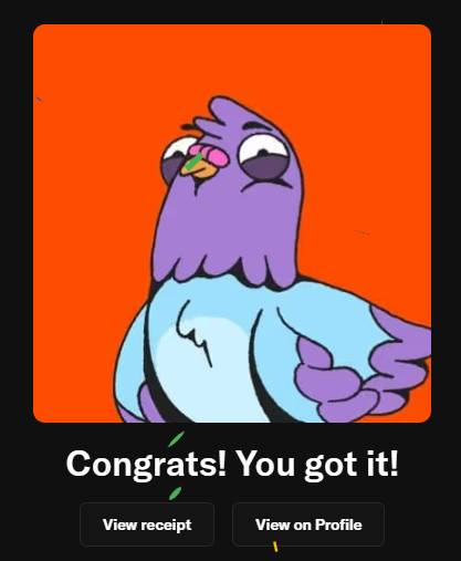 The image shows a purple and blue cartoon pigeon character with a smug expression on an orange background, celebrating a digital collectible acquisition. Text reads "Congrats! You got it!" with buttons for "View receipt" and "View on Profile," indicating a successful free claim of a Wingston collectible on RallyOnChain.