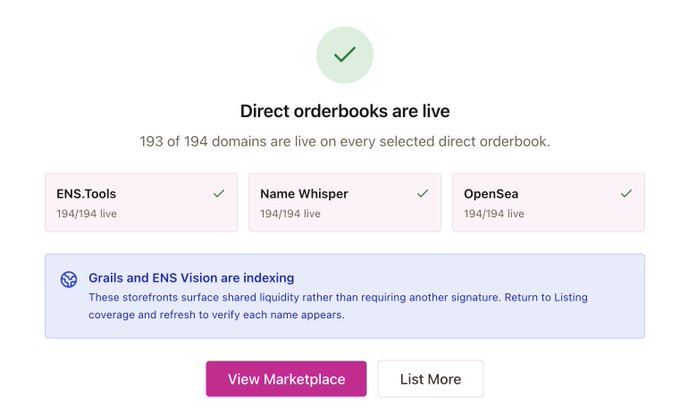A webpage titled 'Direct orderbooks are live' displays 193 of 194 domains live across ENS.Tools, Name Whisper, and OpenSea, with a note about Grails and ENS Vision indexing.