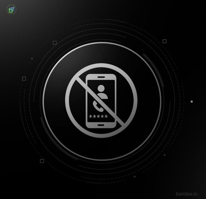 Graphic illustration of a smartphone with a crossed-out phone icon and masked number, indicating a "no phone calls" or blocked call feature, with "beldex.io" watermark.