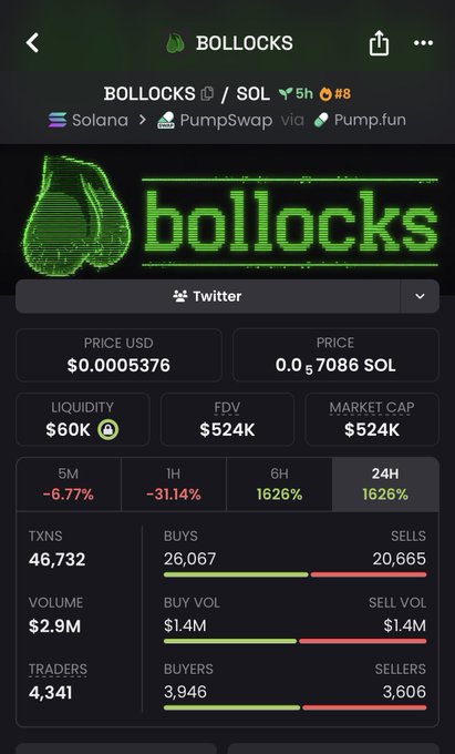 A cryptocurrency tracker app showing the 'BOLLOCKS' token on Solana/PumpSwap with a price of $0.0005376, $60K liquidity, and various trading stats.