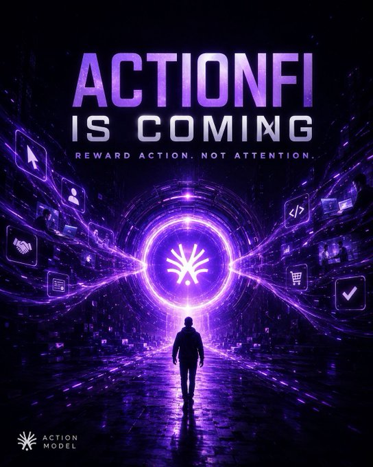A promotional graphic displays "ACTIONFI IS COMING" and "REWARD ACTION. NOT ATTENTION." in purple and white text, along with an "ACTION MODEL" logo.