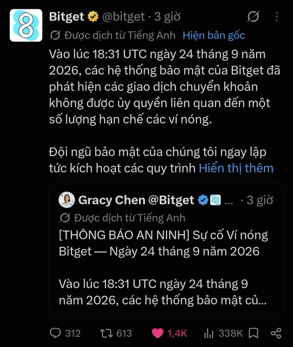 A Vietnamese-language tweet from Bitget (@bitget) reporting a security incident about unauthorized hot wallet transactions detected at 18:31 UTC on September 24, 2026, quoting CEO Gracy Chen.