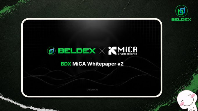 A promotional graphic on a dark background with green accents reading "BELDEX × MiCA Crypto Alliance BDX MiCA Whitepaper v2" and "beldex.io", with the Beldex logo in the top right.
