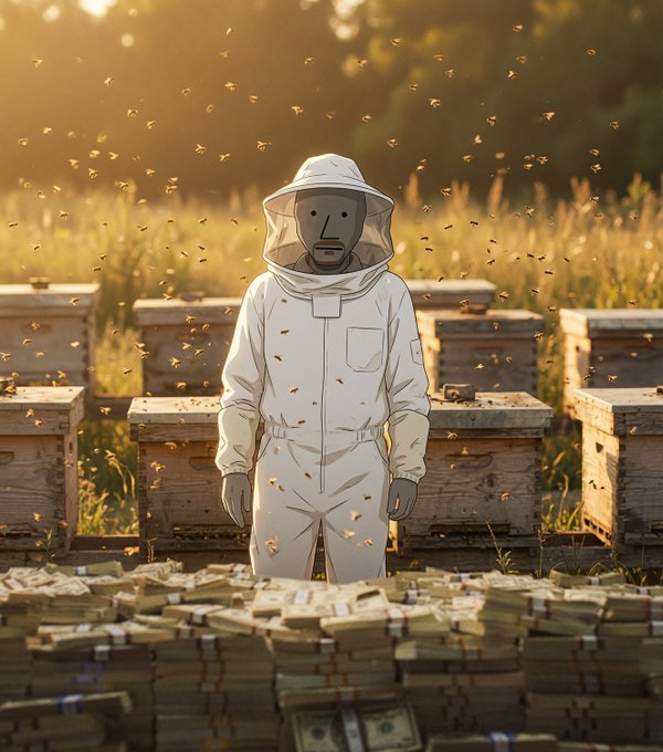 An anime-style beekeeper in a white protective suit stands among beehives as bees swarm around him, with stacks of dollar bills visible in the foreground.