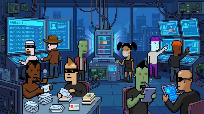 A pixel art scene shows a bustling crypto hacker den where masked figures count stacks of cash and inspect a screen labeled "WALLETS" listing multiple "0xfBE55..." addresses with green checkmarks, while others monitor profile data on surrounding monitors—evoking the excitement of checking wallet eligibility for the ArcPunks whitelist drop.