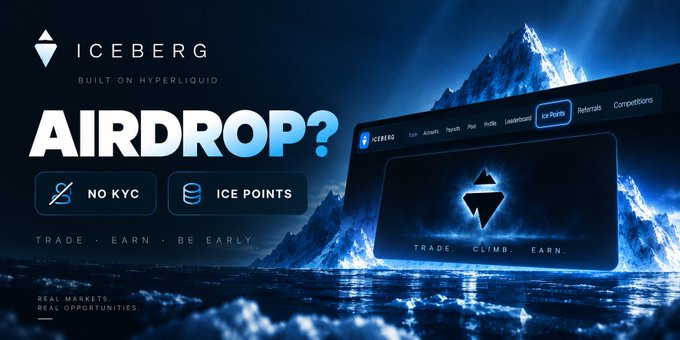Promotional banner for an 'ICEBERG' crypto airdrop built on Hyperliquid, featuring 'NO KYC' and 'ICE POINTS' tags.