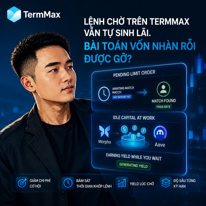 A promotional graphic for TermMax featuring a man alongside diagrams showing how pending limit orders on the platform automatically route idle capital into Morpho and Aave pools to generate yield while awaiting a match, highlighting benefits like reduced opportunity cost, precise timing control, and customizable yield tenor. The visual supports the post's key point that unmatched orders continue earning yield through Gauntlet-selected pools, effectively solving the idle capital problem for traders.