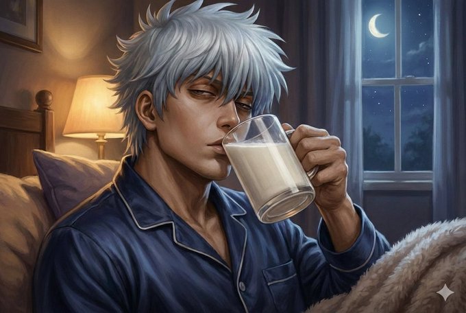 An anime-style man with white hair drinks a glass of milk in pajamas while sitting in bed under a blanket, with a crescent moon visible through the window behind him. The image ties to the "Good morning" message by evoking a quiet, nighttime-to-morning ritual that mirrors the relaxed, early-hours tone of the Quantum Matters podcast announcement.