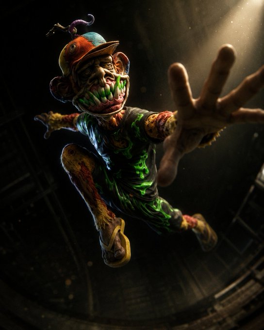 A creepy 3D-rendered character with a jester-like cap, glowing green teeth, and slime dripping down its body, posed with an outstretched hand in a dark setting.