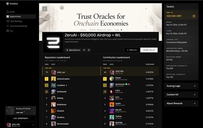 A screenshot of the Nucleus platform showing the 'ZeruAI - $50,000 Airdrop + WL' opportunity, including leaderboards for reputation and contributions and details ending September 29, 2026.