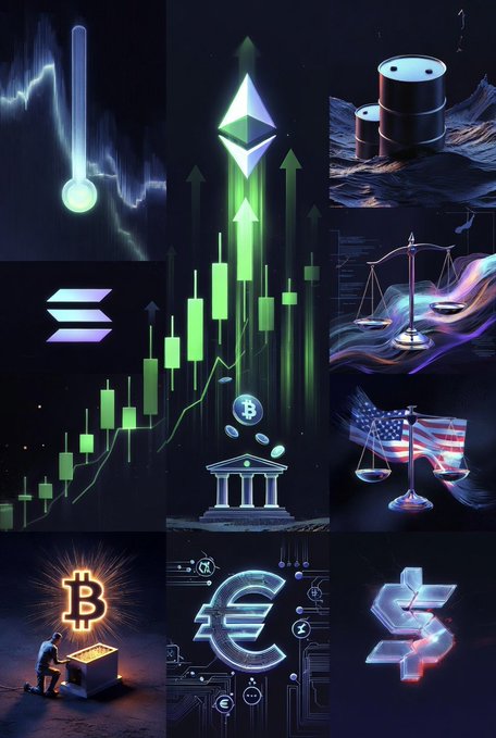 A collage of cryptocurrency and financial imagery, including candlestick charts, Ethereum and Solana logos, oil barrels, a Bitcoin symbol, currency signs (Dollar, Euro, Lira), and scales of justice over an American flag.