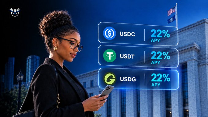 A woman in business attire looks at her smartphone in front of a building with an American flag, while floating digital graphics display 'USDC 22% APY', 'USDT 22% APY', and 'USDG 22% APY'.