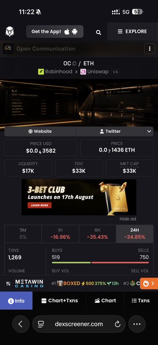 A mobile screenshot from dex screener shows cryptocurrency trading data for the OC/ETH pair, displaying a price of $0.03582 with significant red losses including -34.85% over 24H.