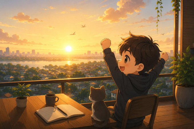 A cheerful anime-style illustration of a young boy stretching his arms in greeting on a balcony at sunrise, with a cat beside him, overlooking a river and city skyline.