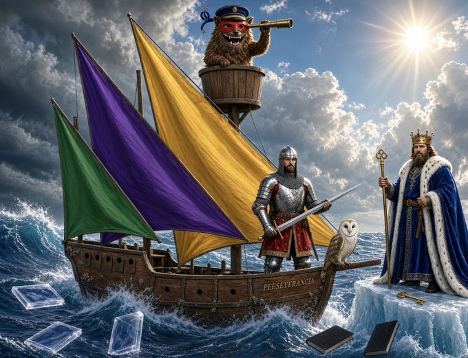 A masked figure in a captain's hat peers through a telescope from a crow's nest atop a vibrant sailboat with purple, yellow, and green sails, while a knight in armor and a crowned king stand on an ice floe beside an owl and scattered books, with "PERSEVERANCA" inscribed on the ship's hull—symbolizing the resilience, wisdom, and journey of growth that long-term XRP holders have endured.