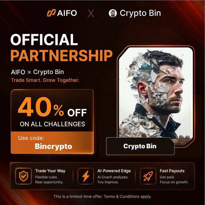 A promotional graphic announcing an 'OFFICIAL PARTNERSHIP' between AIFO and Crypto Bin, offering '40% OFF ON ALL CHALLENGES' with the discount code 'Bincrypto', alongside features like 'Trade Your Way', 'AI-Powered Edge', and 'Fast Payouts'.