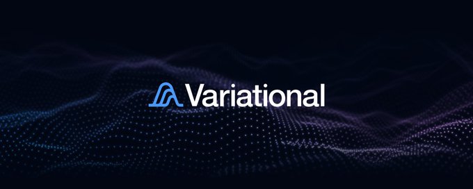 The image displays the "Variational" logo with a blue stylized "A" icon against a dark background featuring flowing purple and blue dotted wave patterns. The branding visually introduces the $VAR token being analyzed in the accompanying post, which discusses comparing Variational's FDV potential to Hyperliquid's ($HYPE) buyback yield model.