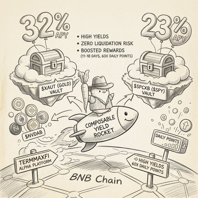 A hand-drawn infographic featuring a 'COMPOSABLE YIELD ROCKET' character flying past two treasure chests on clouds, advertising '32% APY $XAUT (GOLD) VAULT' and '23% APY $SPCXB ($SPY) VAULT' on the 'BNB Chain' with 'TermMaxFi' and 'NVDAB' elements.