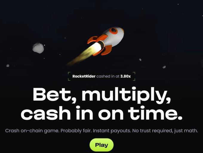 The image is a promotional graphic for an on-chain crash game called RocketRider, showing a cartoon rocket blasting off in space with the tagline "Bet, multiply, cash in on time" and a "3.80x" cash-out notification, advertising it as a "Crash on-chain game. Probably fair. Instant payouts. No trust required, just math." This aligns with the post's announcement of Astrofun Game launching on Robinhood Crypto Chain, highlighting its dual-lock randomness mechanism that ensures provably fair gameplay without operator manipulation.