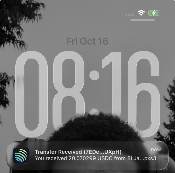 A black-and-white iPhone lock screen notification showing "Transfer Received — You received 20.070299 USDC from 8LJa…pxs3," visually confirming the $20 USDC payout referenced in the post about turning a $6 deposit into $25 before settling at $20.