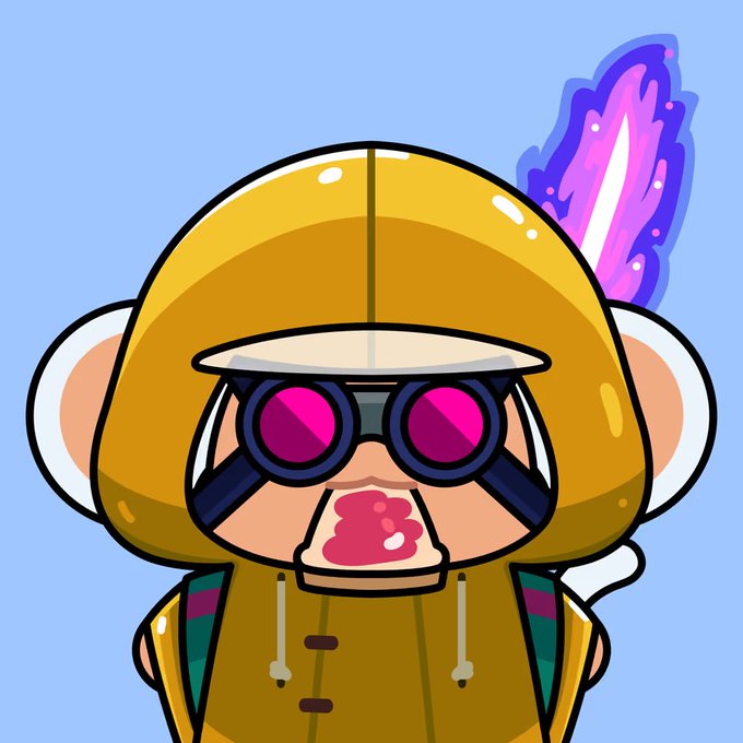 A digital illustration of a cartoon monkey wearing a yellow hood, large purple sunglasses, and a matching yellow jacket, set against a light blue background.