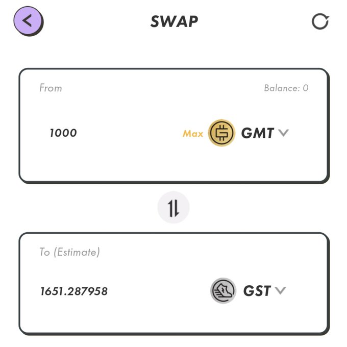 A token swap interface showing 1000 GMT being exchanged for an estimated 1651.287958 GST, likely from the STEPN move-to-earn app.